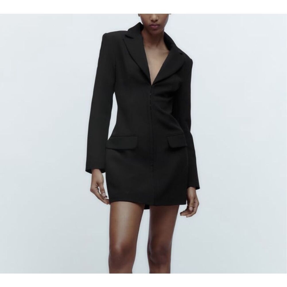 Zara Black Lapel Collar V-Neck Pockets Long Sleeve Blazer Dress Size Medium